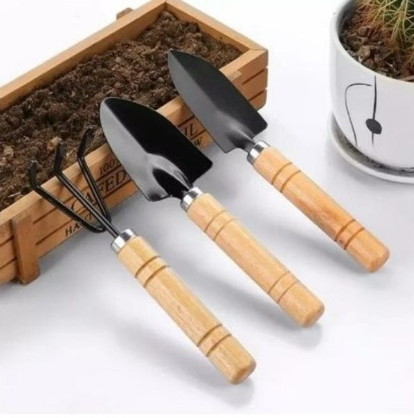 10" Garden Tools Set for Potted Plants | Wood Handle | Shovel, Rake, Spade